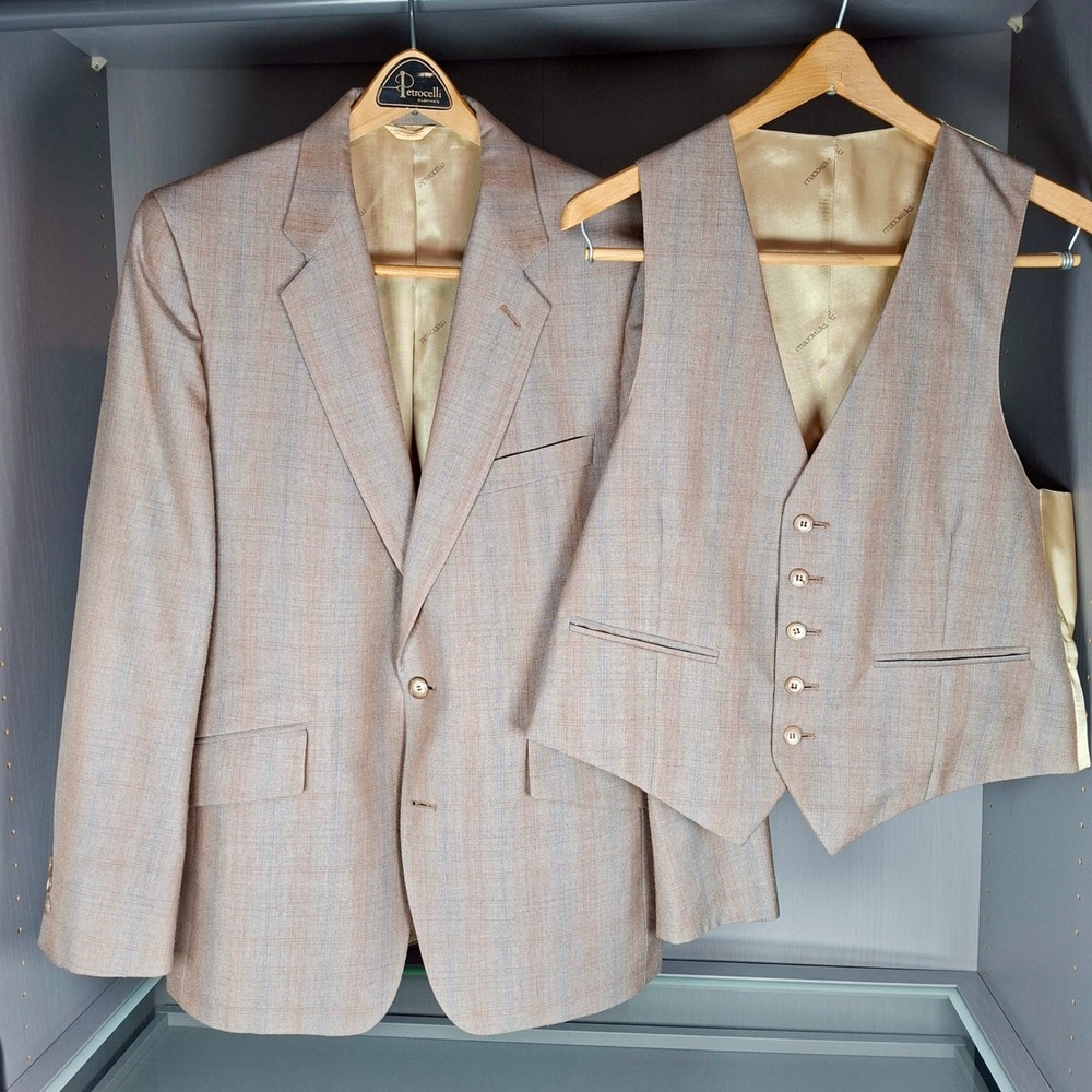 Vintage Petrocelli 3 Piece Suit Mens 40 Beige Plaid Vest Pants 70s 80s Retro